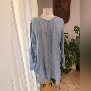 Eileen Fisher Blue Linen Button Front Top with Pockets Size‎ M